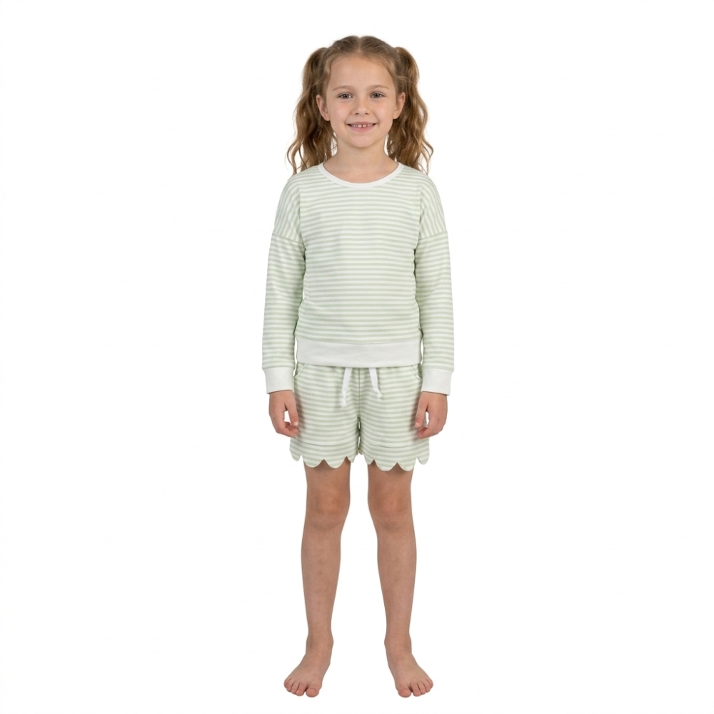 GLS0154 Green stripe long sleeve girl scallop outfits