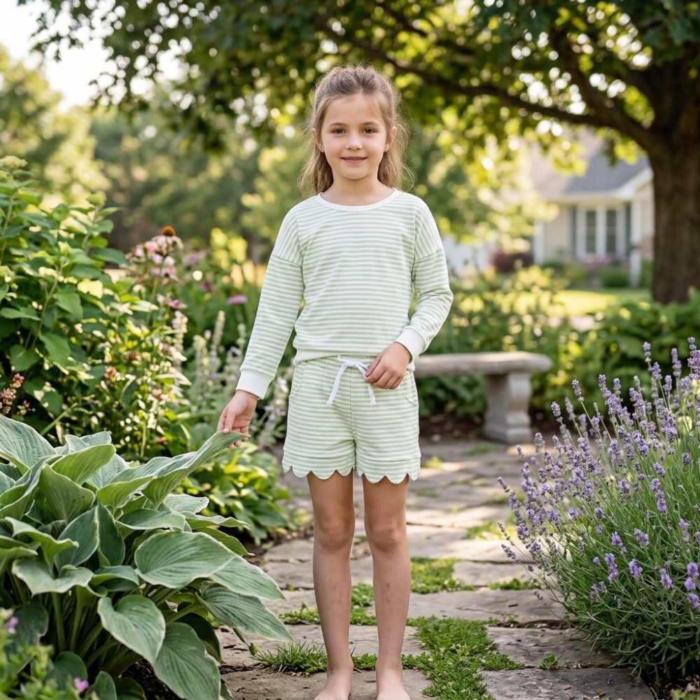 GLS0154 Green stripe long sleeve girl scallop outfits