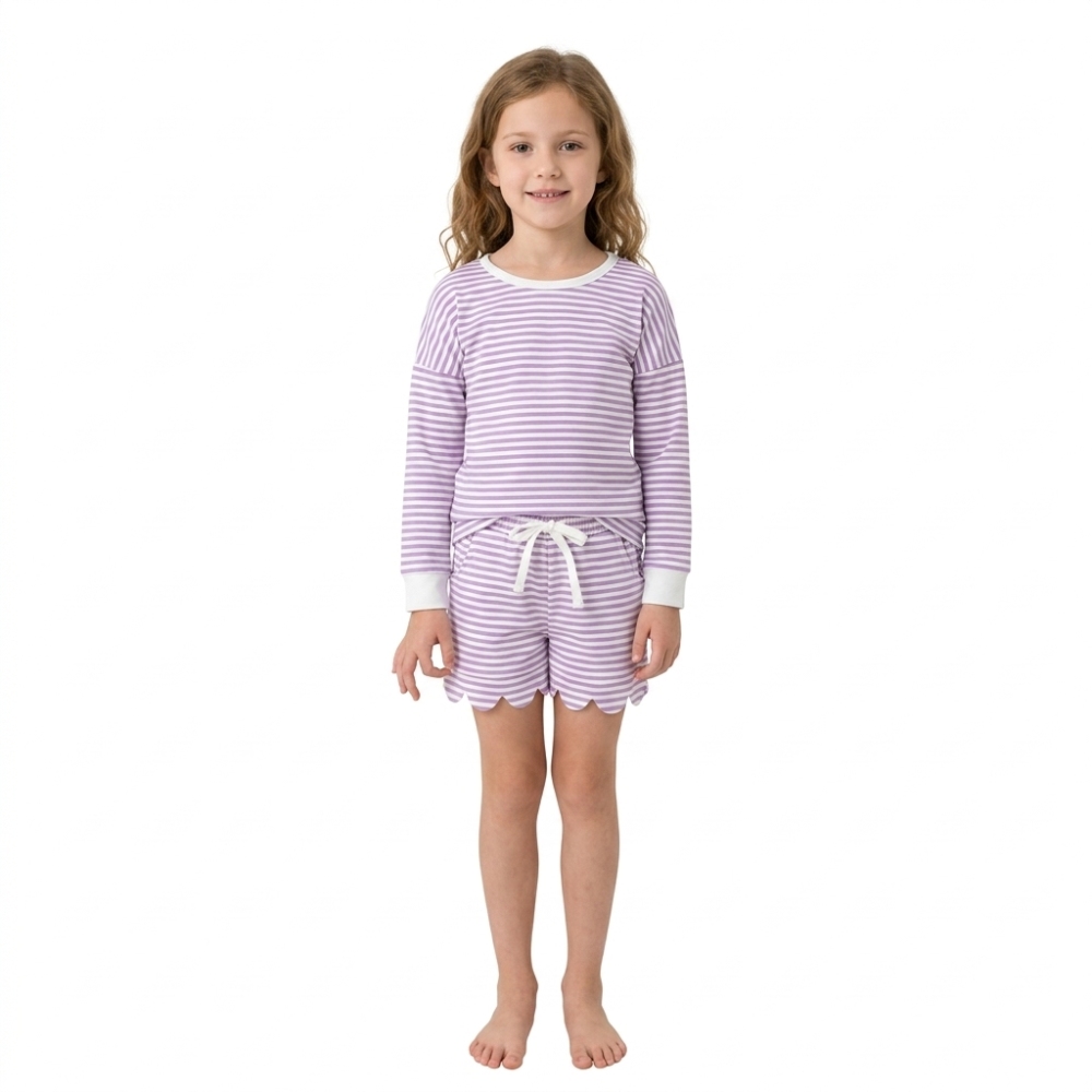 GLP0155  Purple stripe long sleeve girl scallop outfits