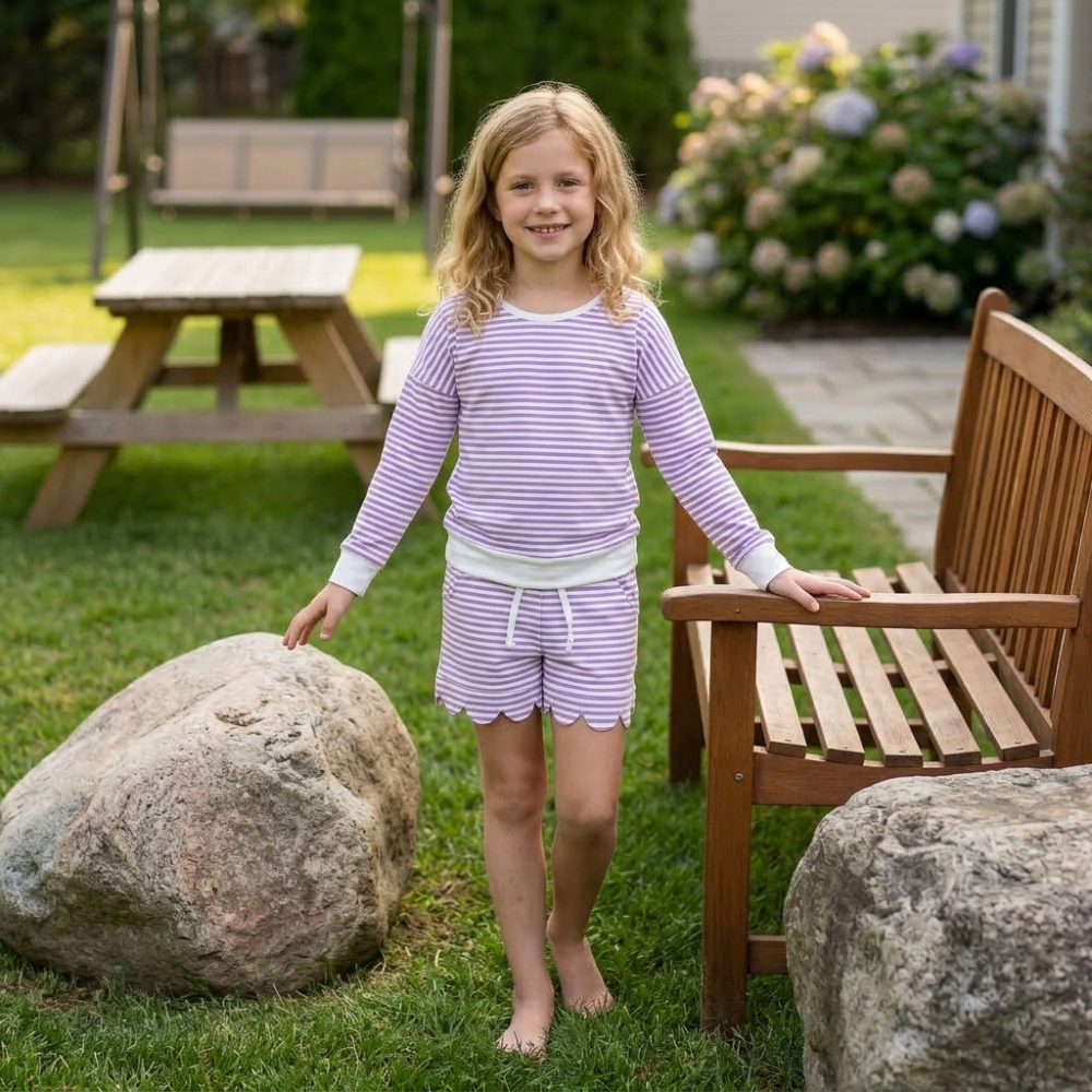 GLP0155  Purple stripe long sleeve girl scallop outfits