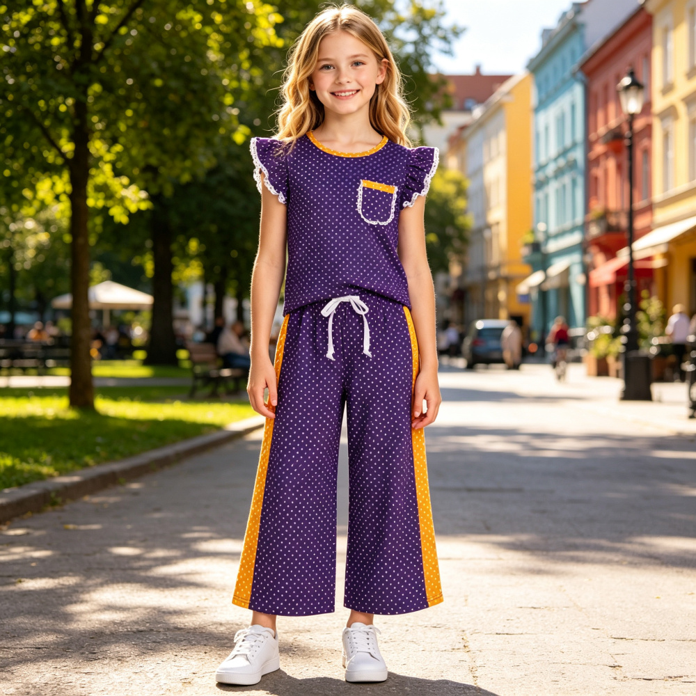 GSPO2366 purple polka Print short sleeve girl outfits