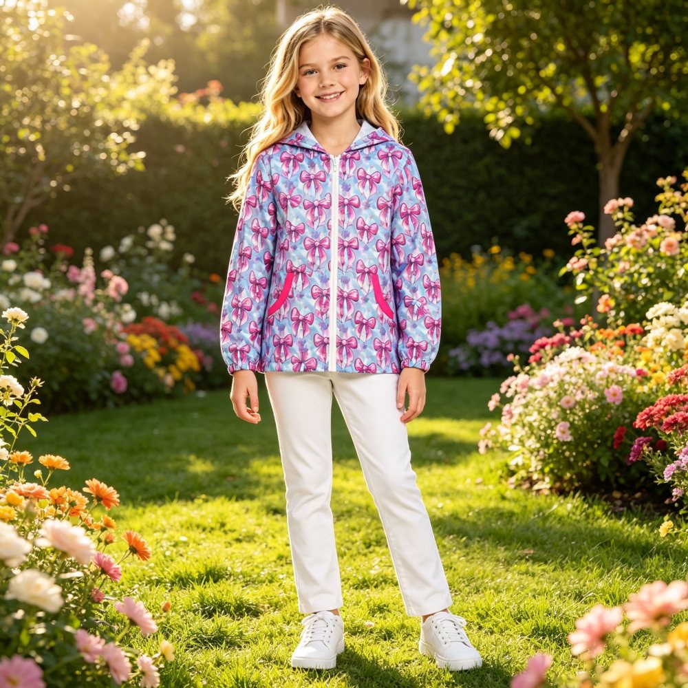 GT1660 hot pink bows print girl blue long sleeve hoodie zipper hoodie coat