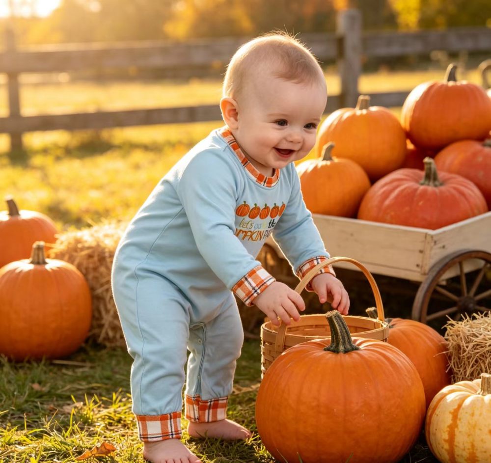 LR1189 Blue fall pumpkin print  Long-Sleeved romper