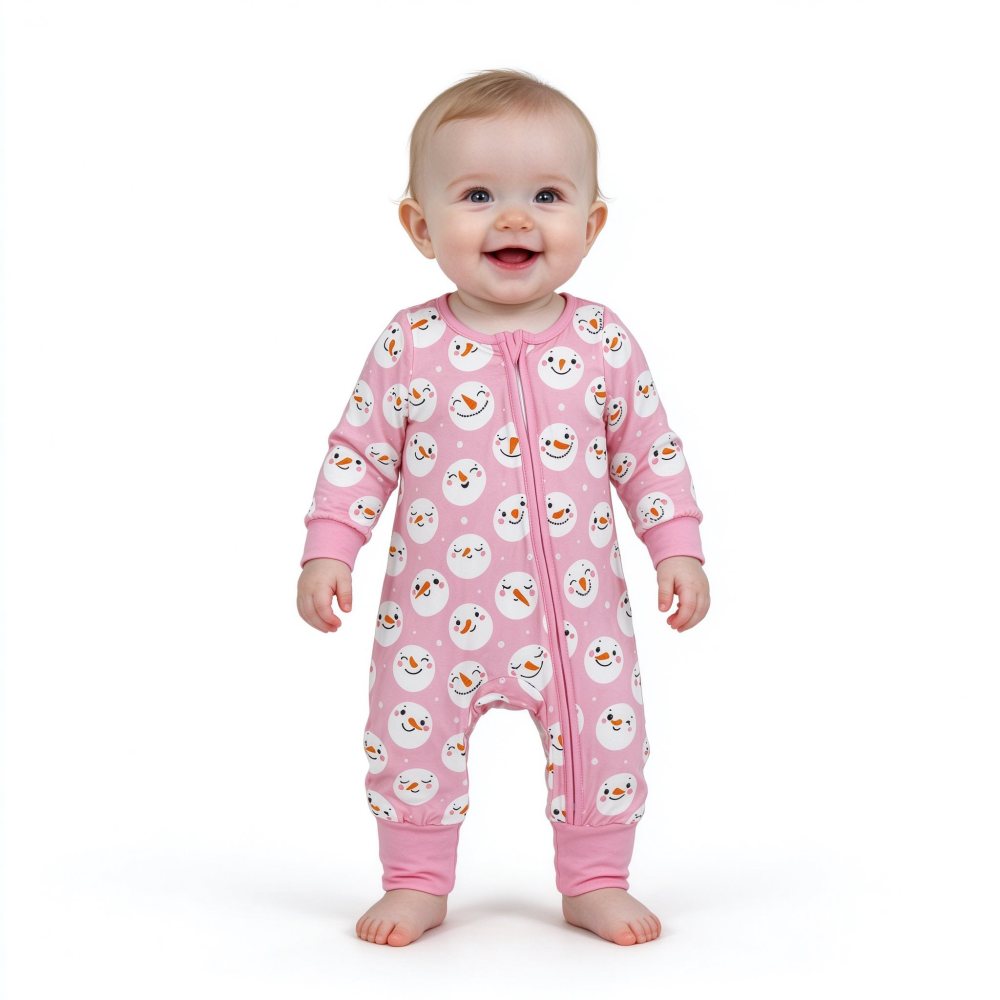 LR3165 Pink snowman print Long-Sleeved zipper romper