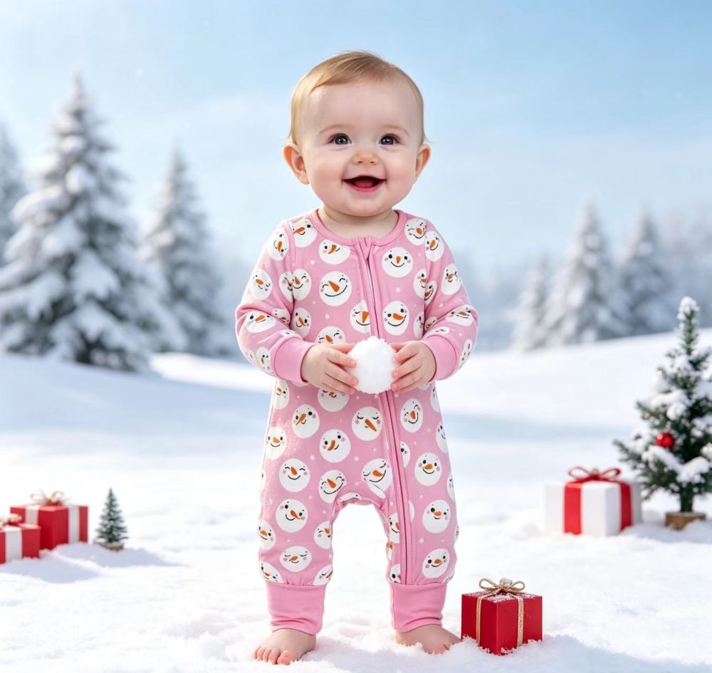 LR3165 Pink snowman print Long-Sleeved zipper romper