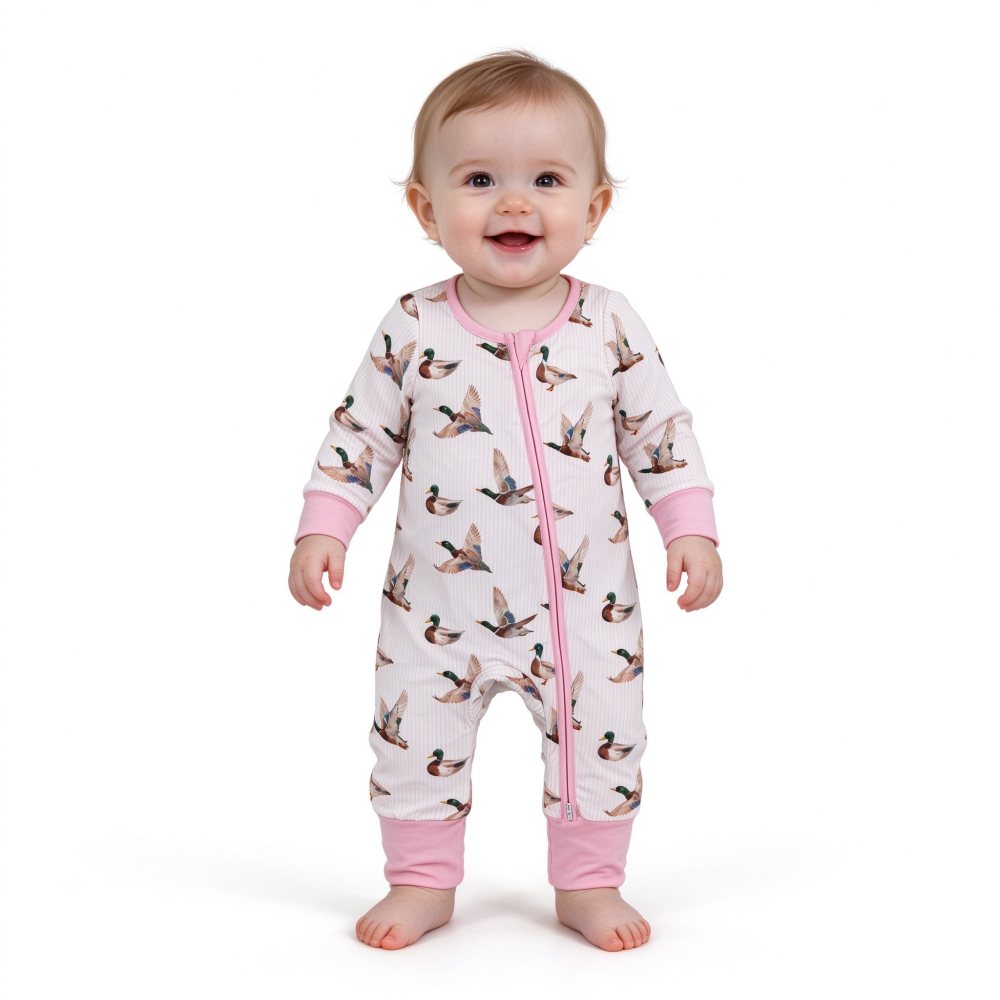 LR3218 Pink Duck print Long-Sleeved zipper romper