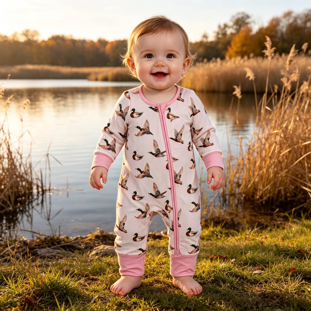 LR3218 Pink Duck print Long-Sleeved zipper romper