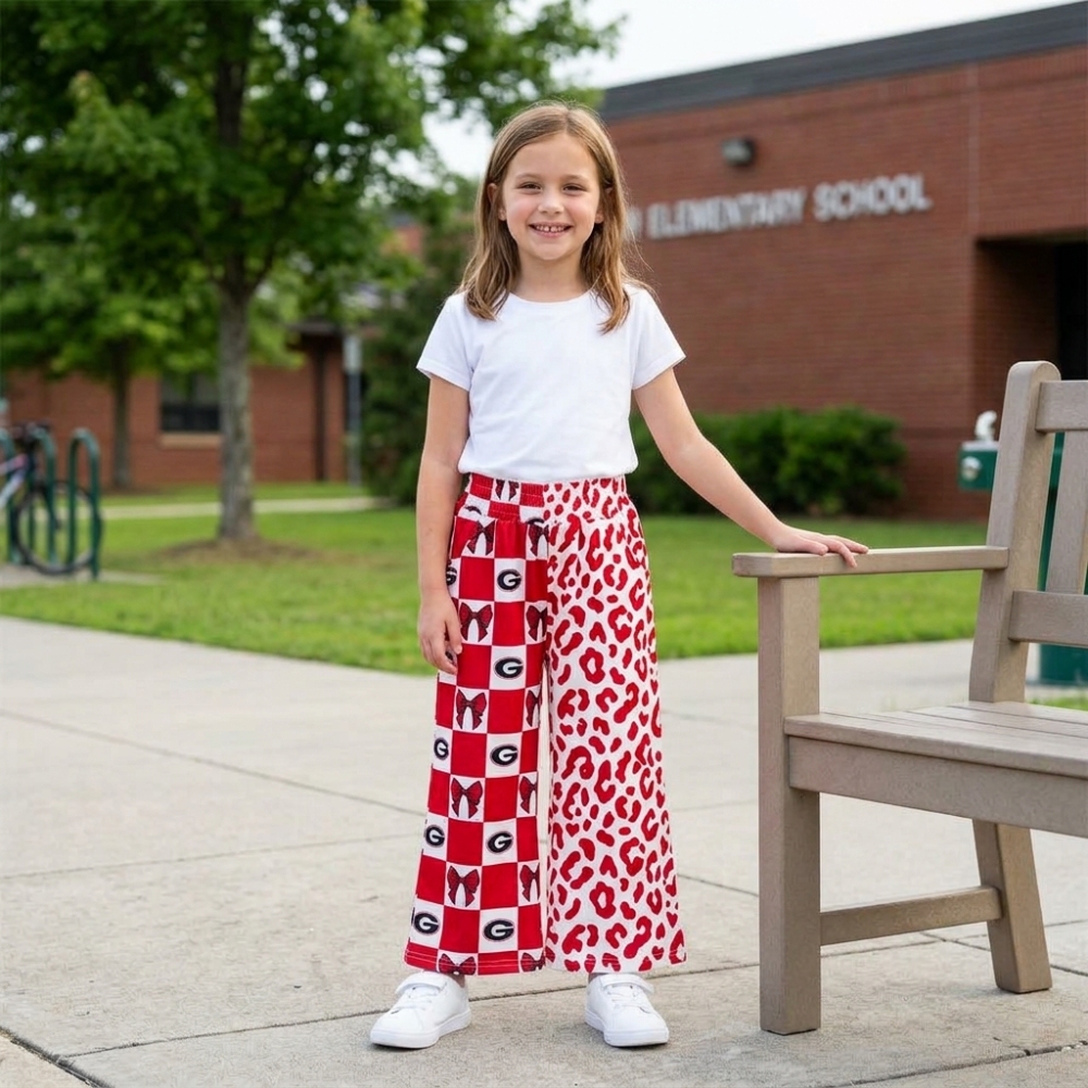 P1126 girl leopard Red bows Georgia team long pants