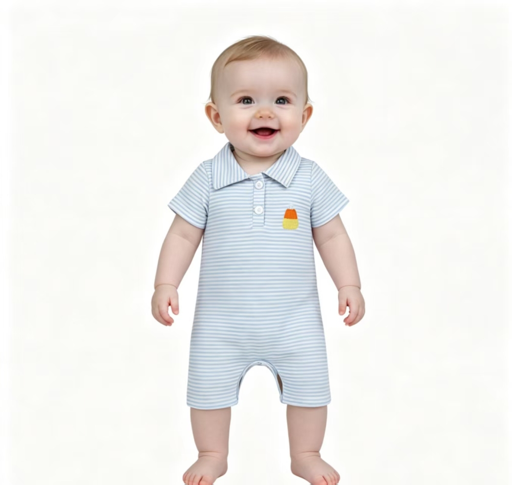 SR4281 Blue stripe Halloween candy embroidery short -Sleeved bubble