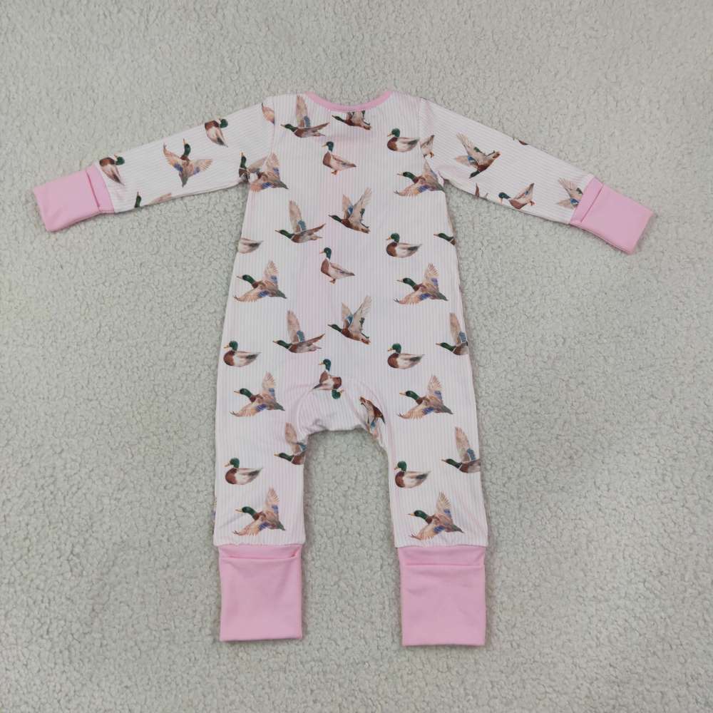 LR3218 Pink Duck print Long-Sleeved zipper romper