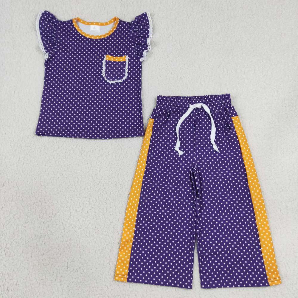 GSPO2366 purple polka Print short sleeve girl outfits