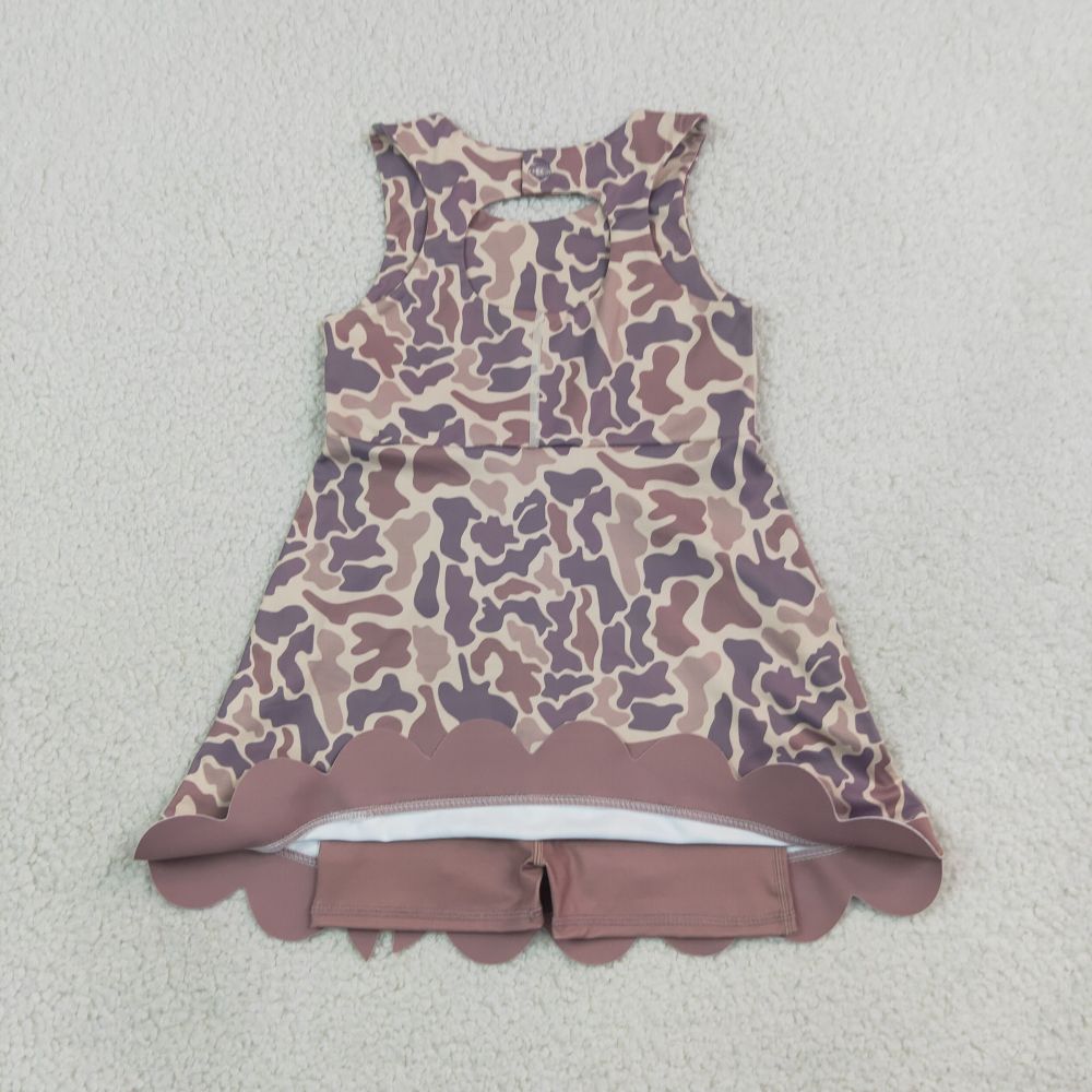 GSD4227 RTS Brown camo print active girl yoga scallop dress