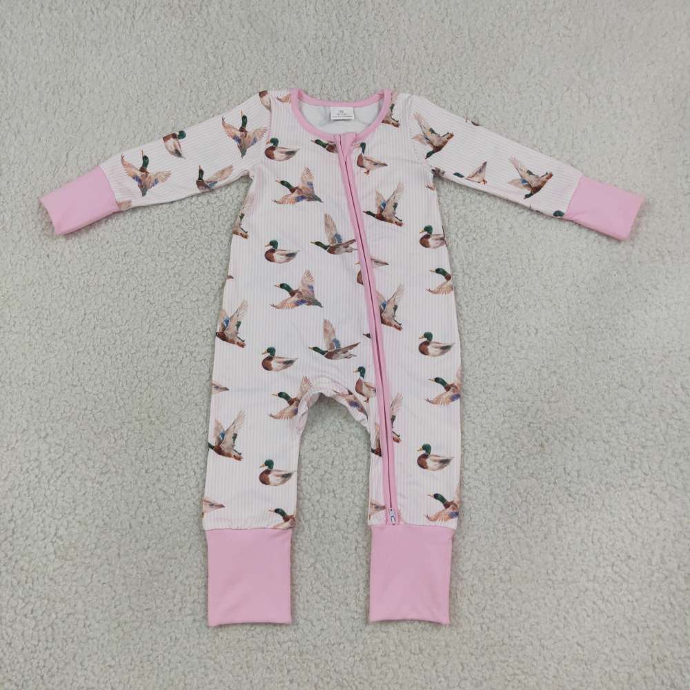 LR3218 Pink Duck print Long-Sleeved zipper romper