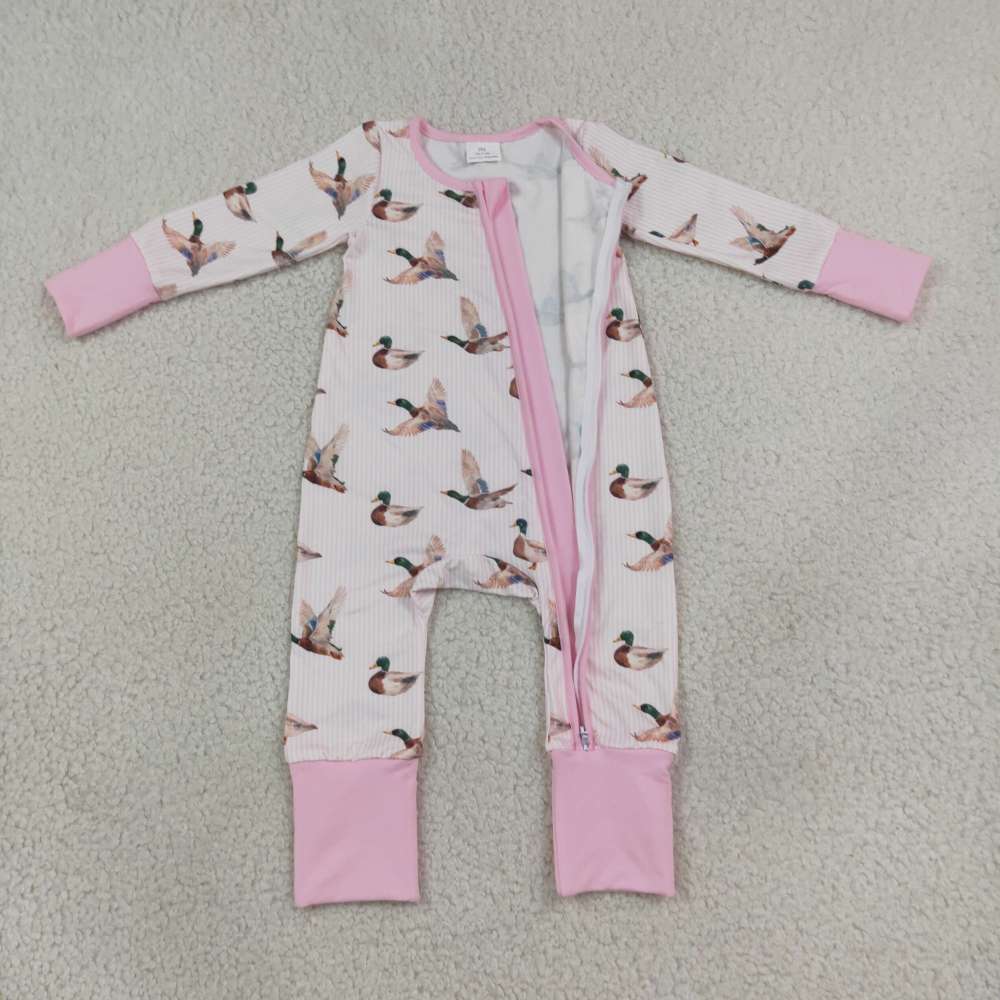 LR3218 Pink Duck print Long-Sleeved zipper romper