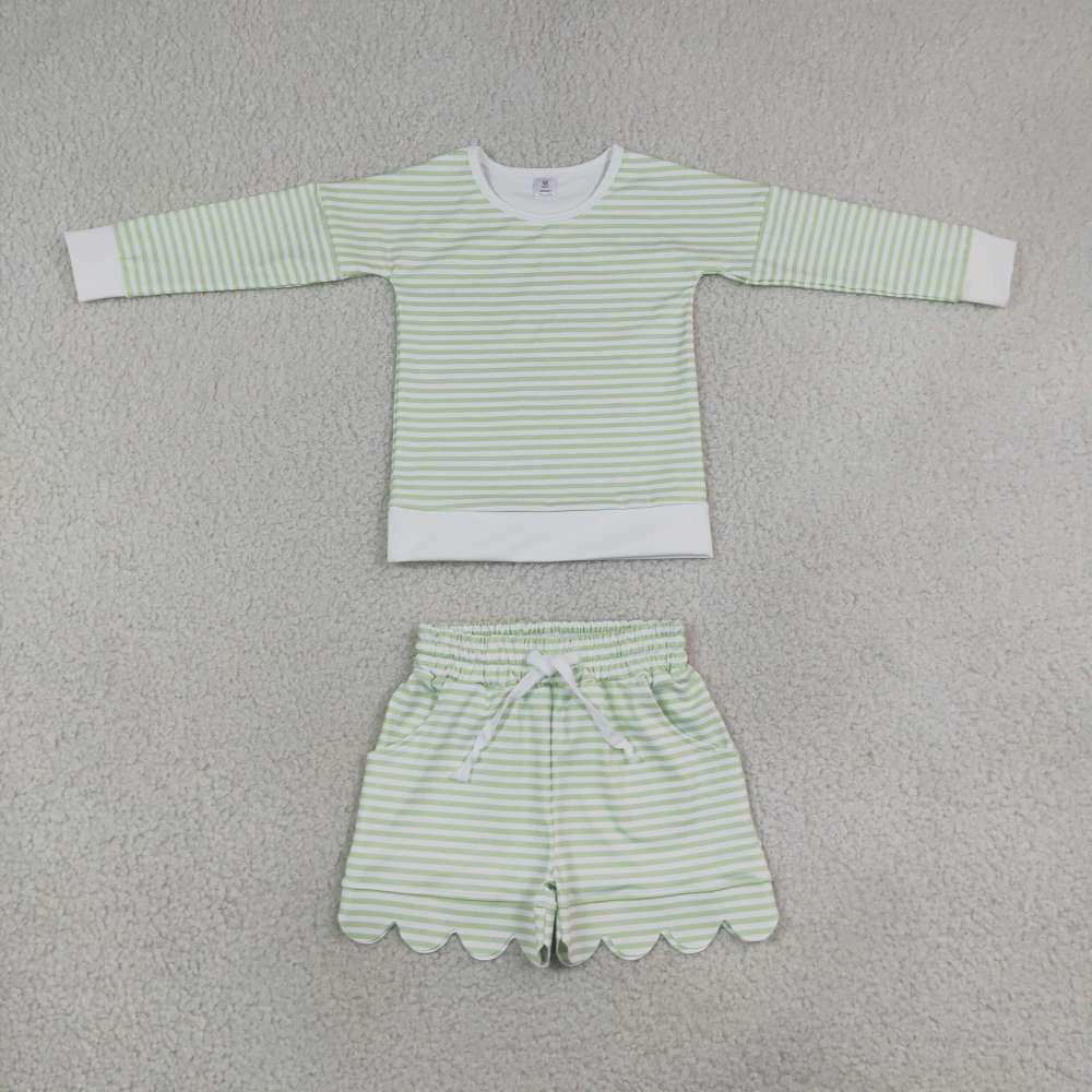 GLS0154 Green stripe long sleeve girl scallop outfits