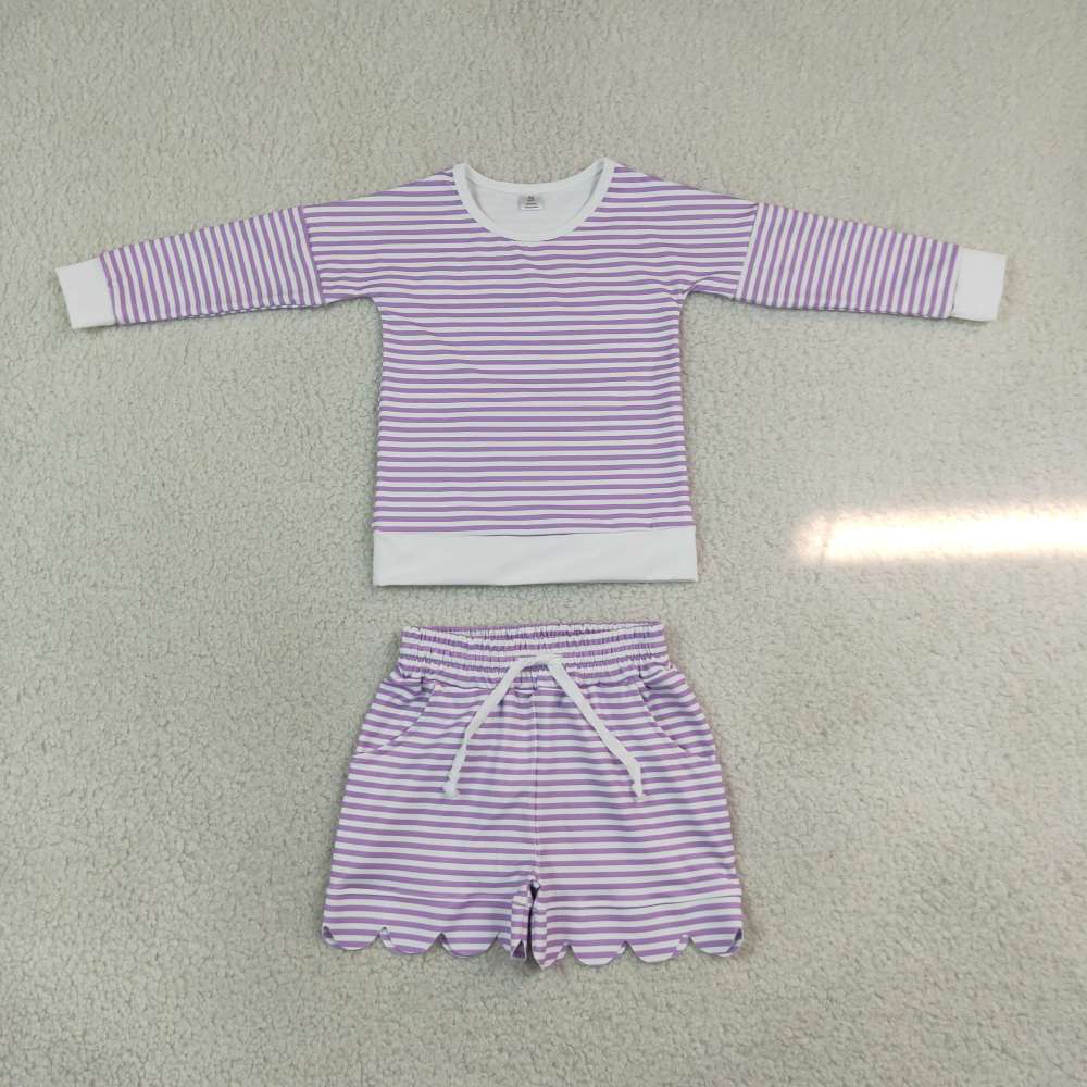 GLP0155  Purple stripe long sleeve girl scallop outfits