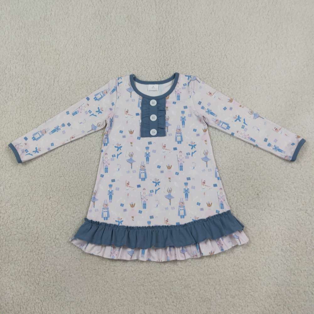 GLD0874 Christmas Cartoon blue lace print girl long sleeve dress