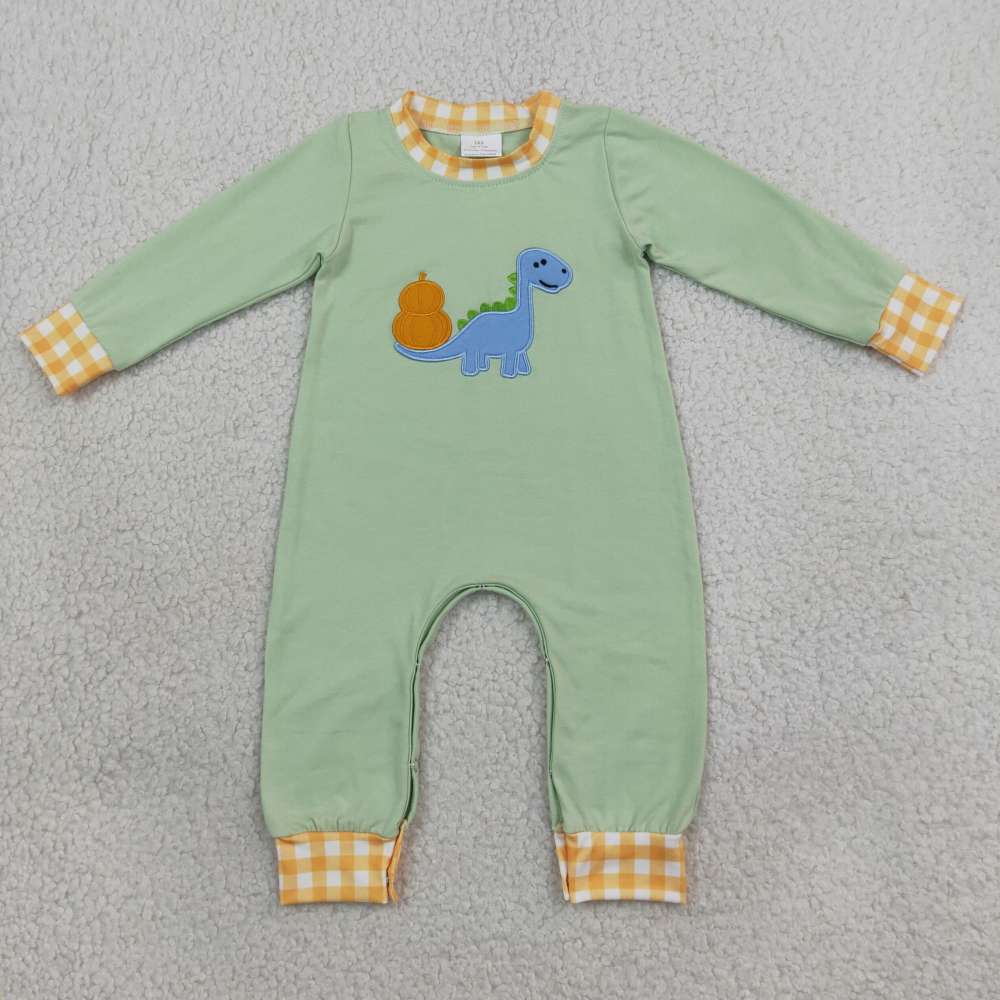 LR3168  Green dinosaur pumpkin embroidery Long-Sleeved romper