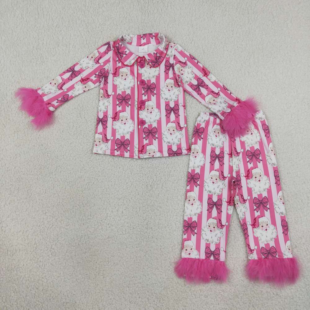 GLP3478 Pink Christmas santa bows fur long Sleeve pajamas Set