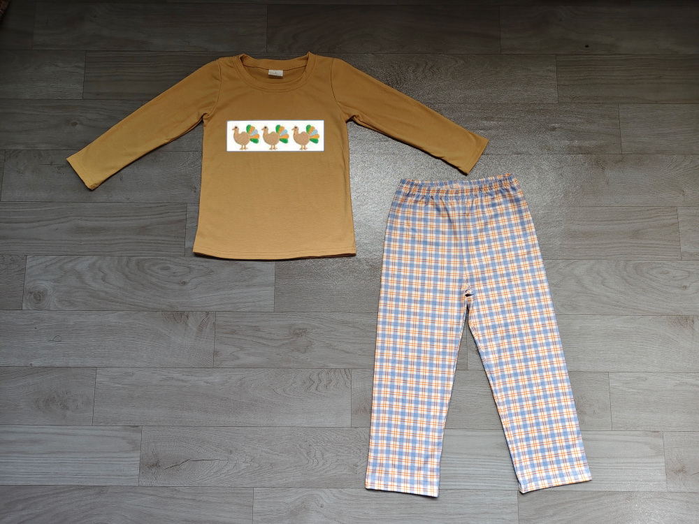 Preorder BLP1495  boys brown thanksgiving day turkey embroidery long sleeve outfits