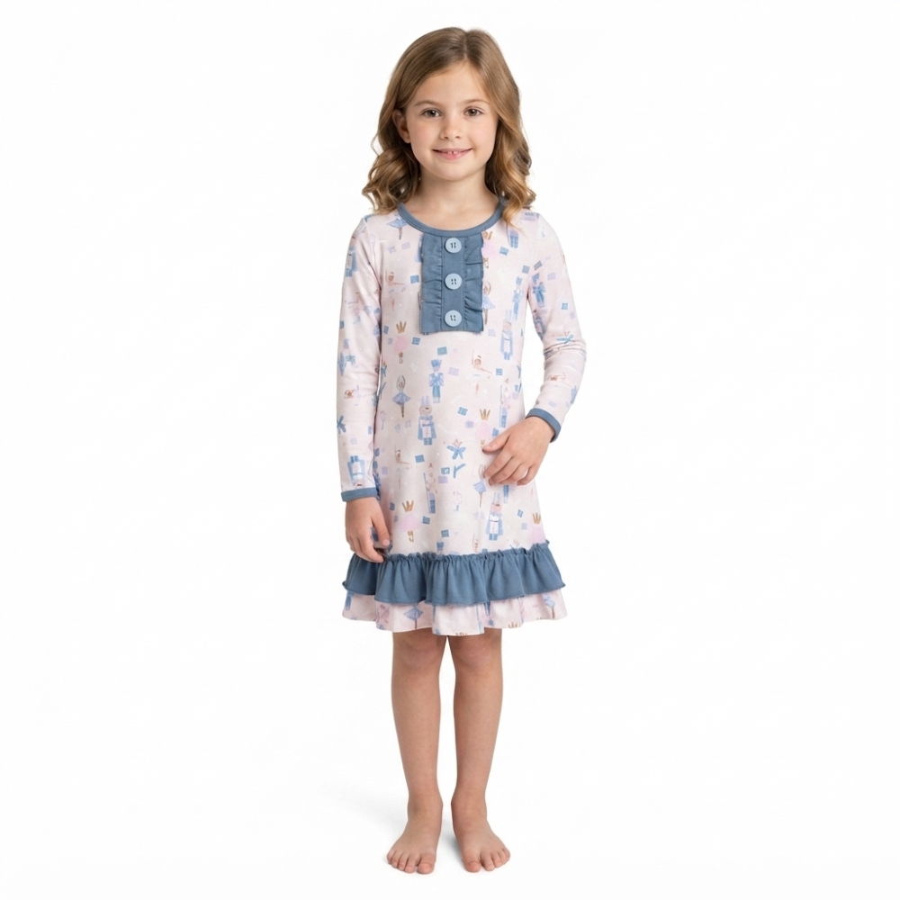 GLD0874 Christmas Cartoon blue lace print girl long sleeve dress