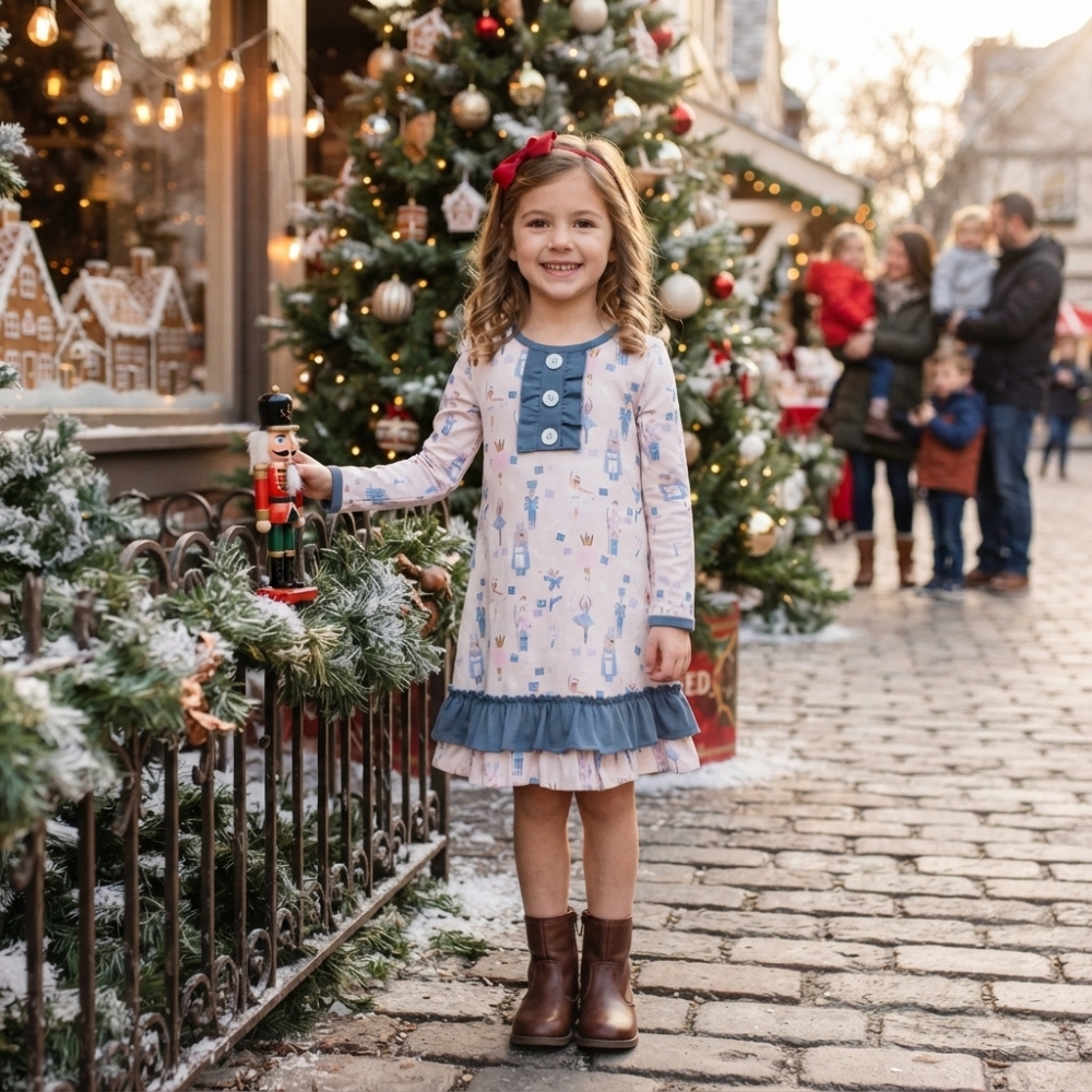 GLD0874 Christmas Cartoon blue lace print girl long sleeve dress