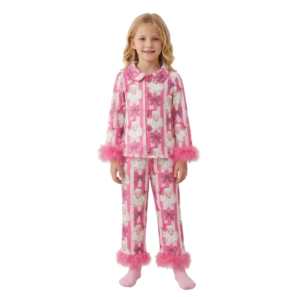 GLP3478 Pink Christmas santa bows fur long Sleeve pajamas Set