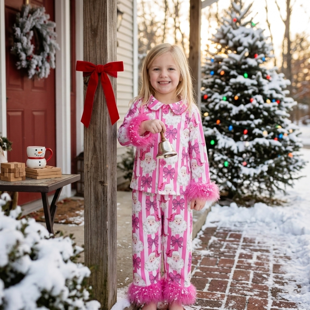 GLP3478 Pink Christmas santa bows fur long Sleeve pajamas Set