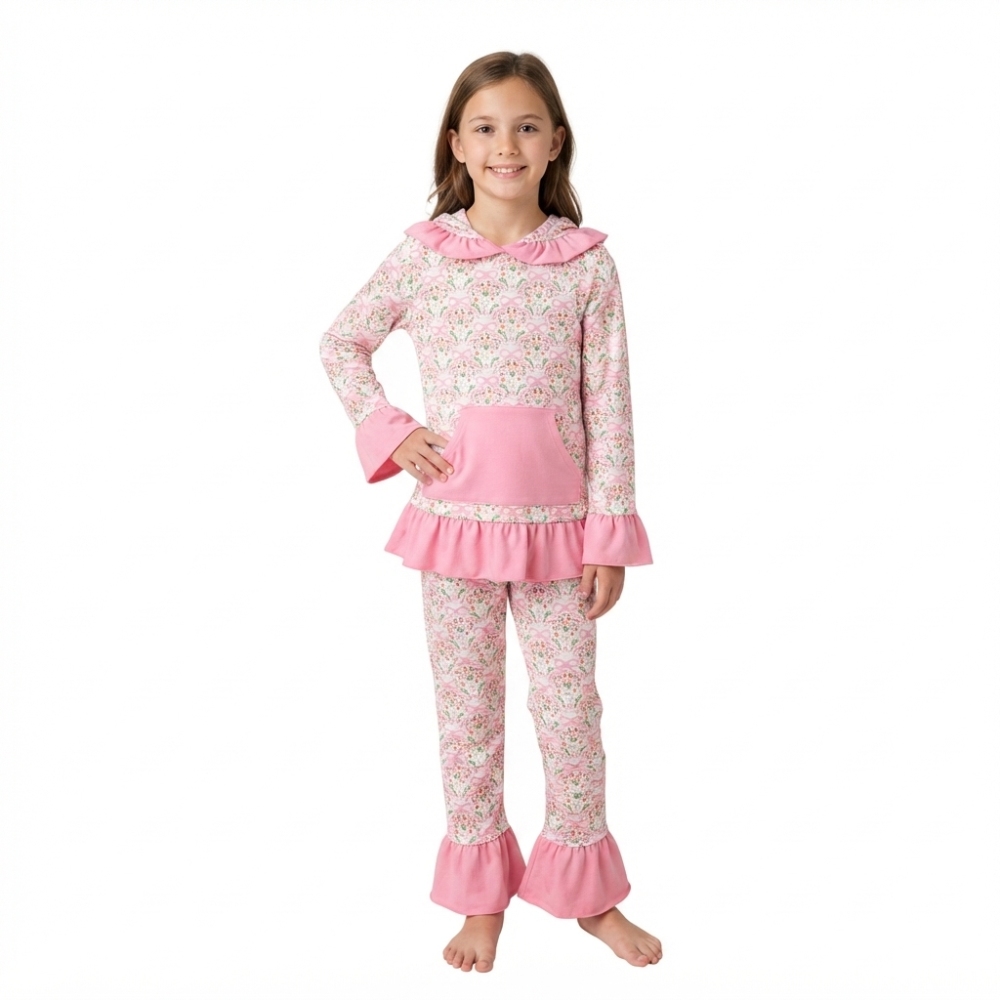 GLP3520 Pink flowers bows Print long sleeve girl hoodie outfits
