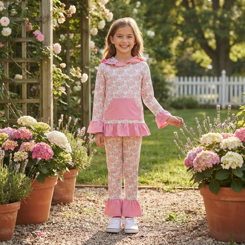 GLP3520 Pink flowers bows Print long sleeve girl hoodie outfits
