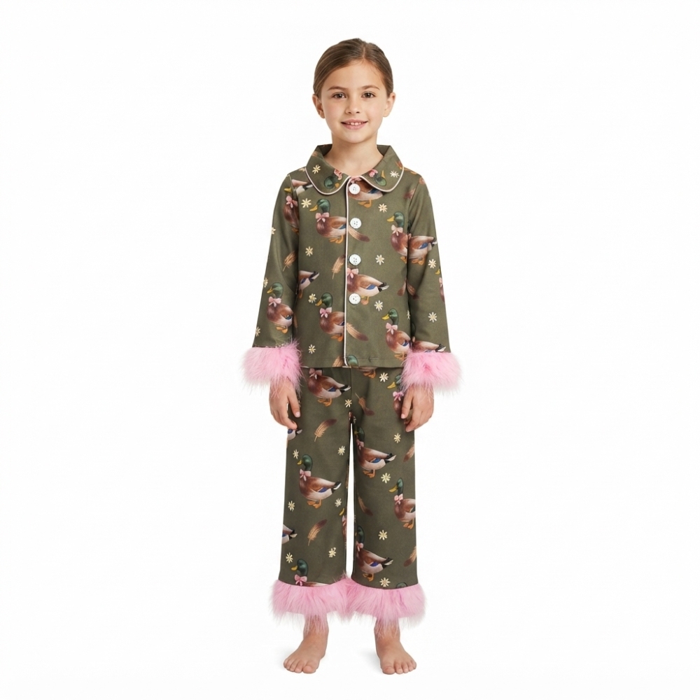 GLP3629 Green duck fur long Sleeve pajamas Set