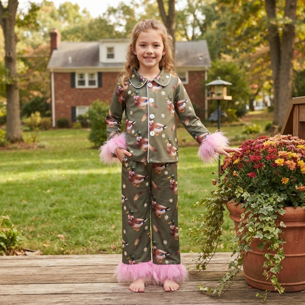 GLP3629 Green duck fur long Sleeve pajamas Set
