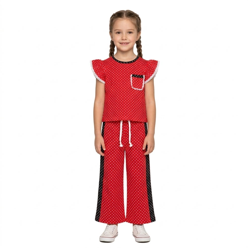 GSPO2370 Red polka Print short sleeve girl outfits