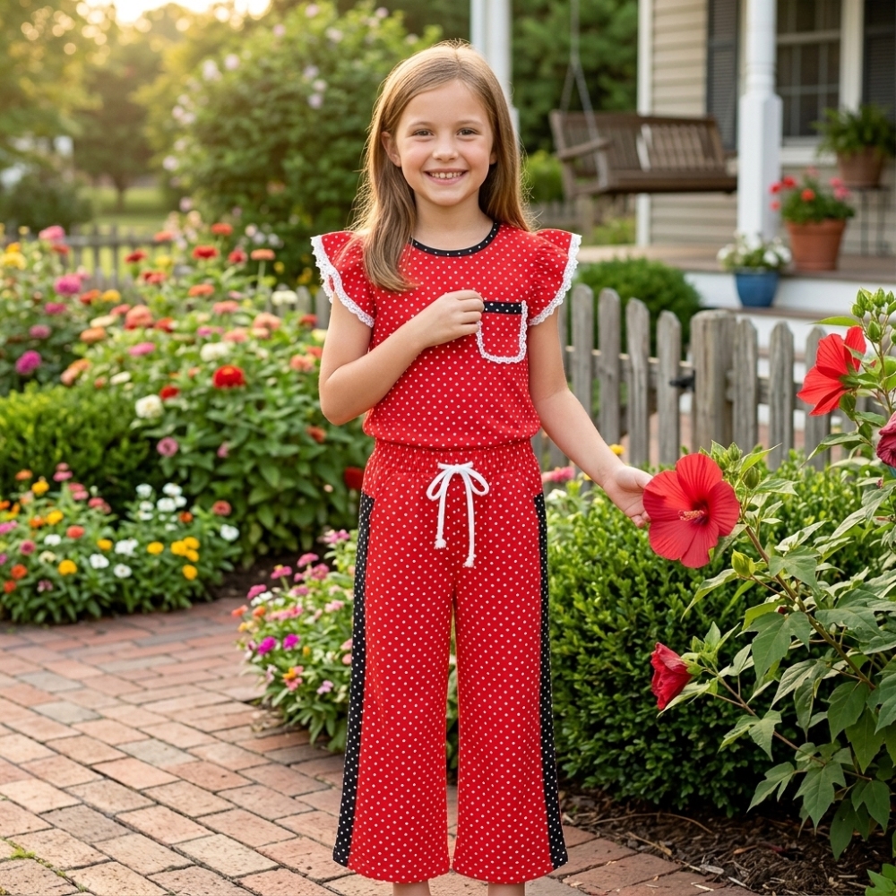 GSPO2370 Red polka Print short sleeve girl outfits