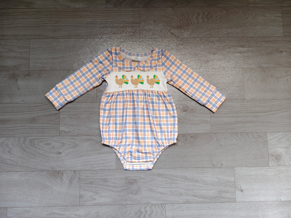 Preorder LR3132 Plaid thanksgiving day turkey embroidery girl Romper