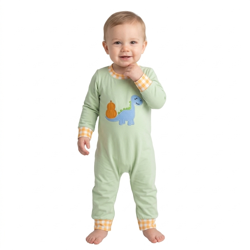 LR3168  Green dinosaur pumpkin embroidery Long-Sleeved romper