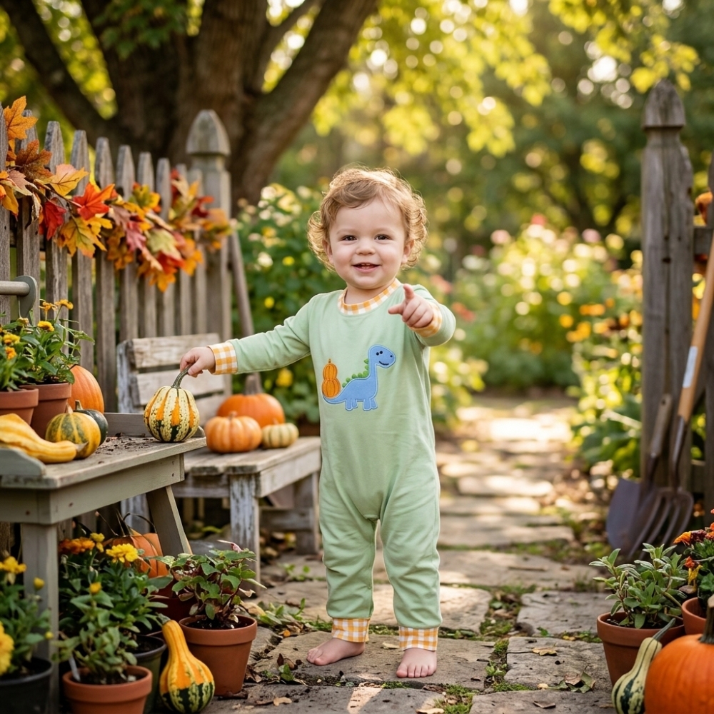 LR3168  Green dinosaur pumpkin embroidery Long-Sleeved romper