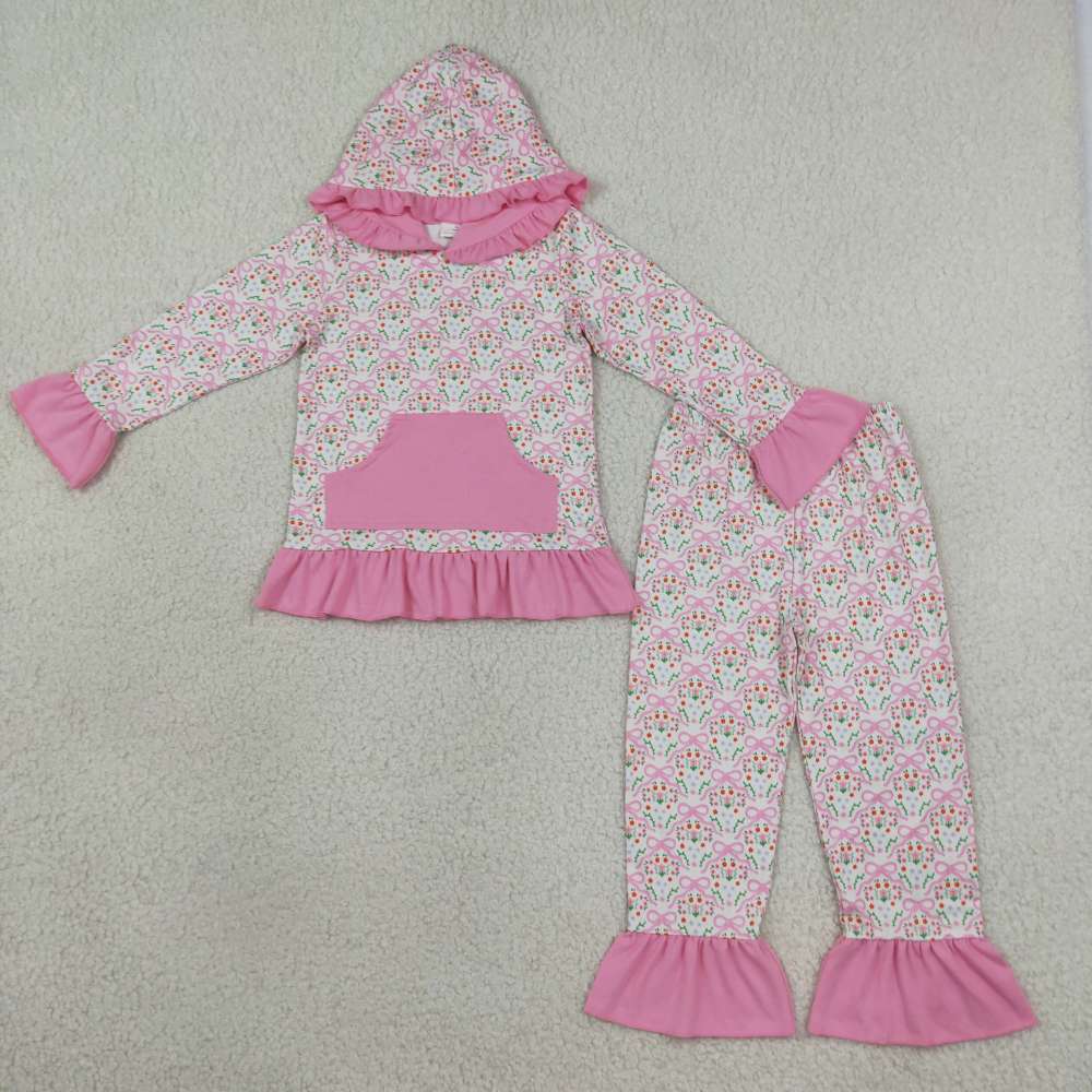 GLP3520 Pink flowers bows Print long sleeve girl hoodie outfits