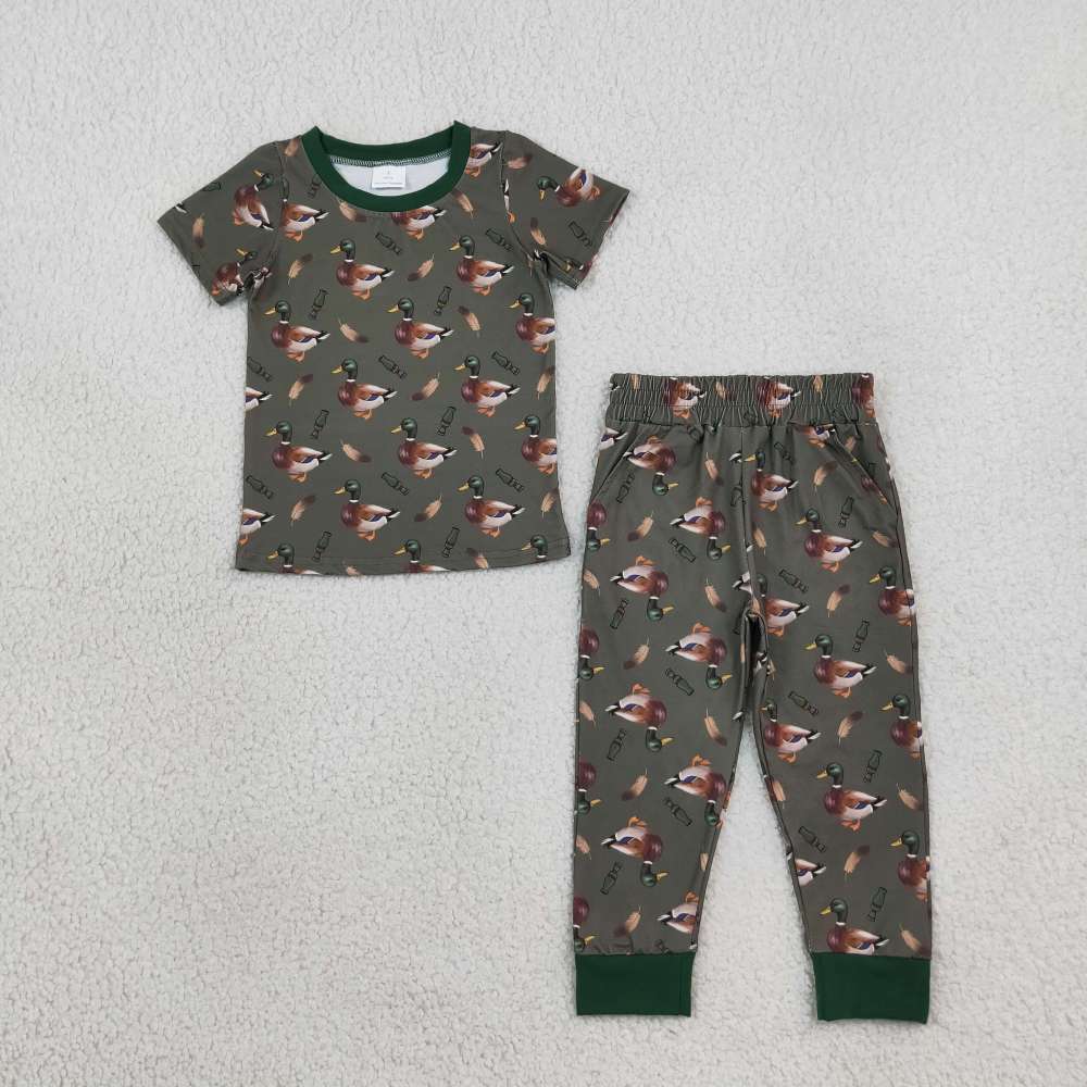 BSPO0702  RTS boys Dark green duck print short sleeve boy pajamas set