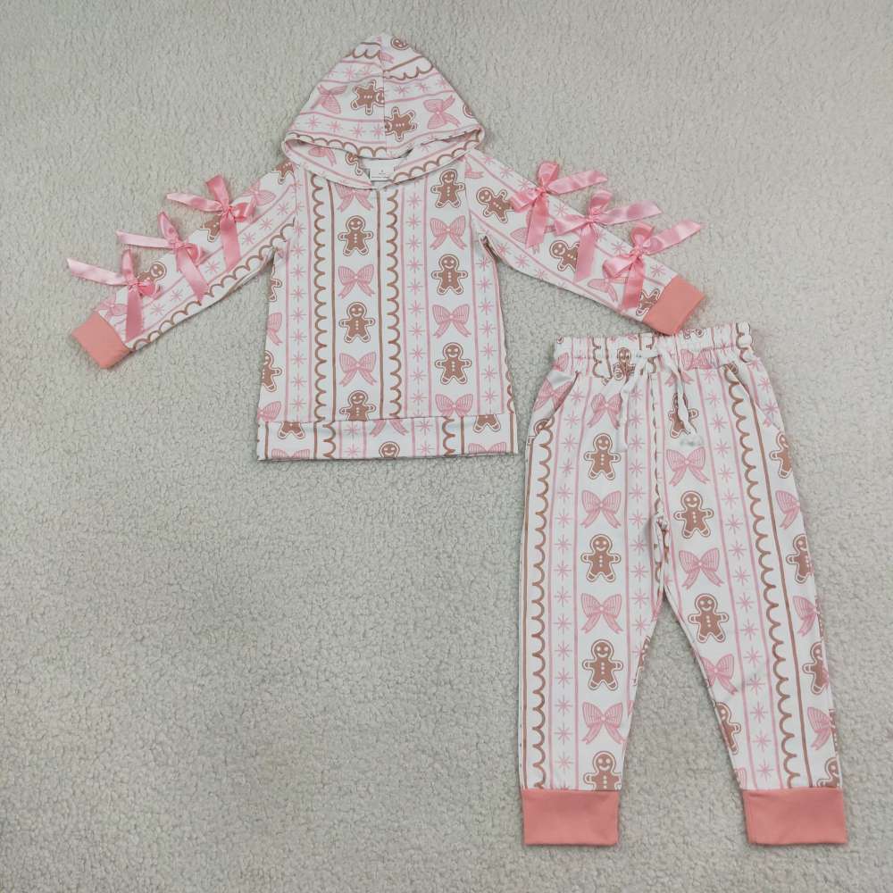 GLP3614  Pink bows Christmas gingerbread Print long sleeve hoodie  girl outfits