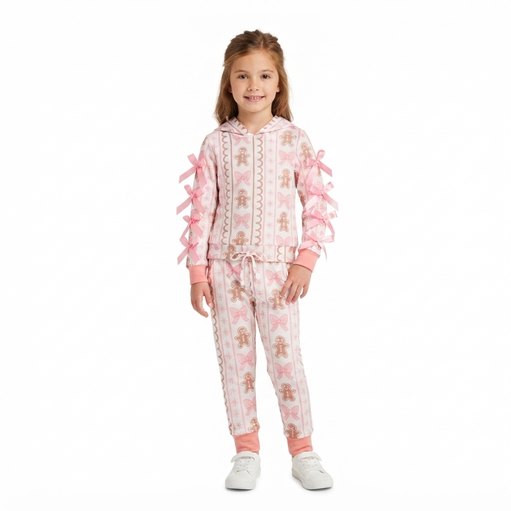 GLP3614  Pink bows Christmas gingerbread Print long sleeve hoodie  girl outfits