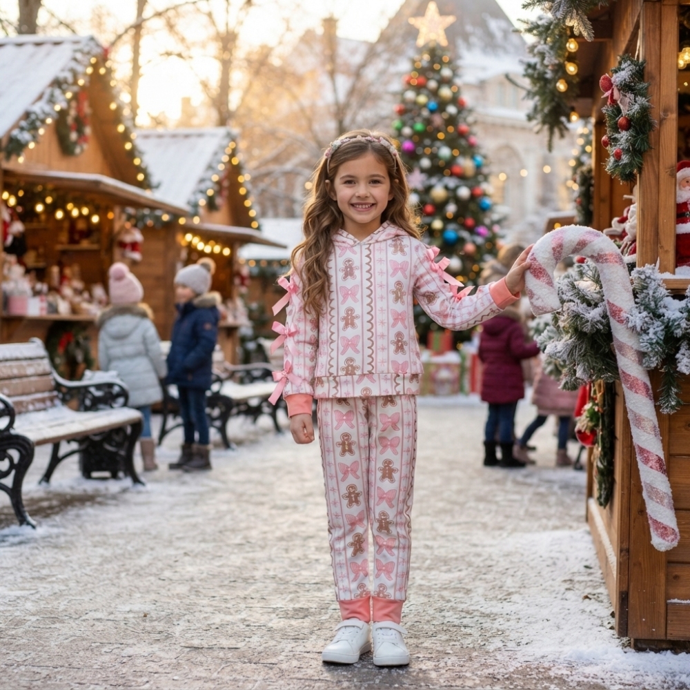 GLP3614  Pink bows Christmas gingerbread Print long sleeve hoodie  girl outfits