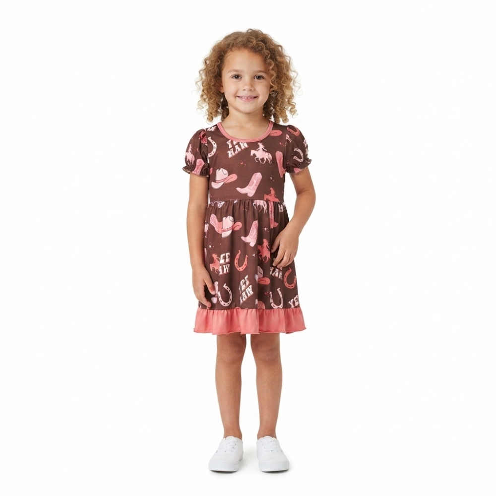 GSD0748 Yee haw hunting horse boots print girl short sleeve dress