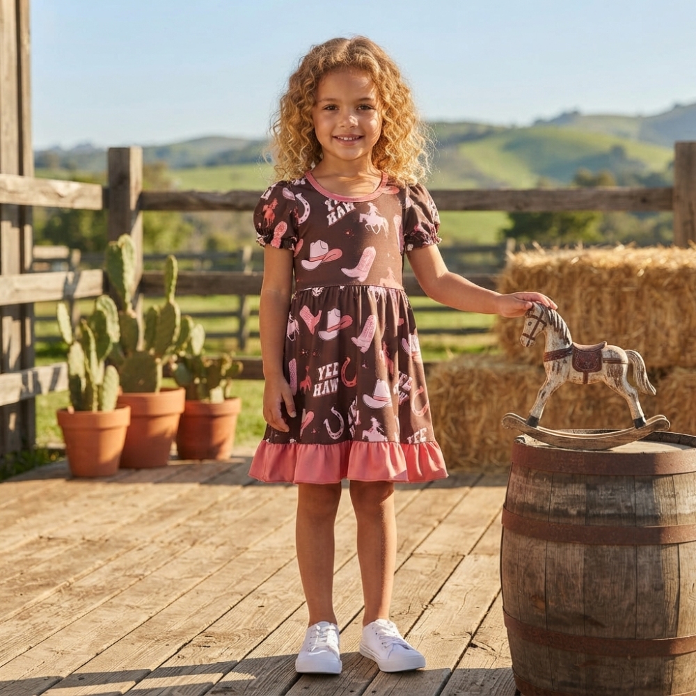 GSD0748 Yee haw hunting horse boots print girl short sleeve dress