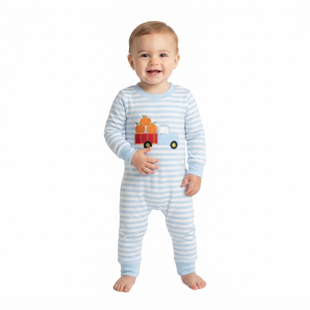 LR1023 Blue stripe pumpkin tractor  embroidery Long-Sleeved romper