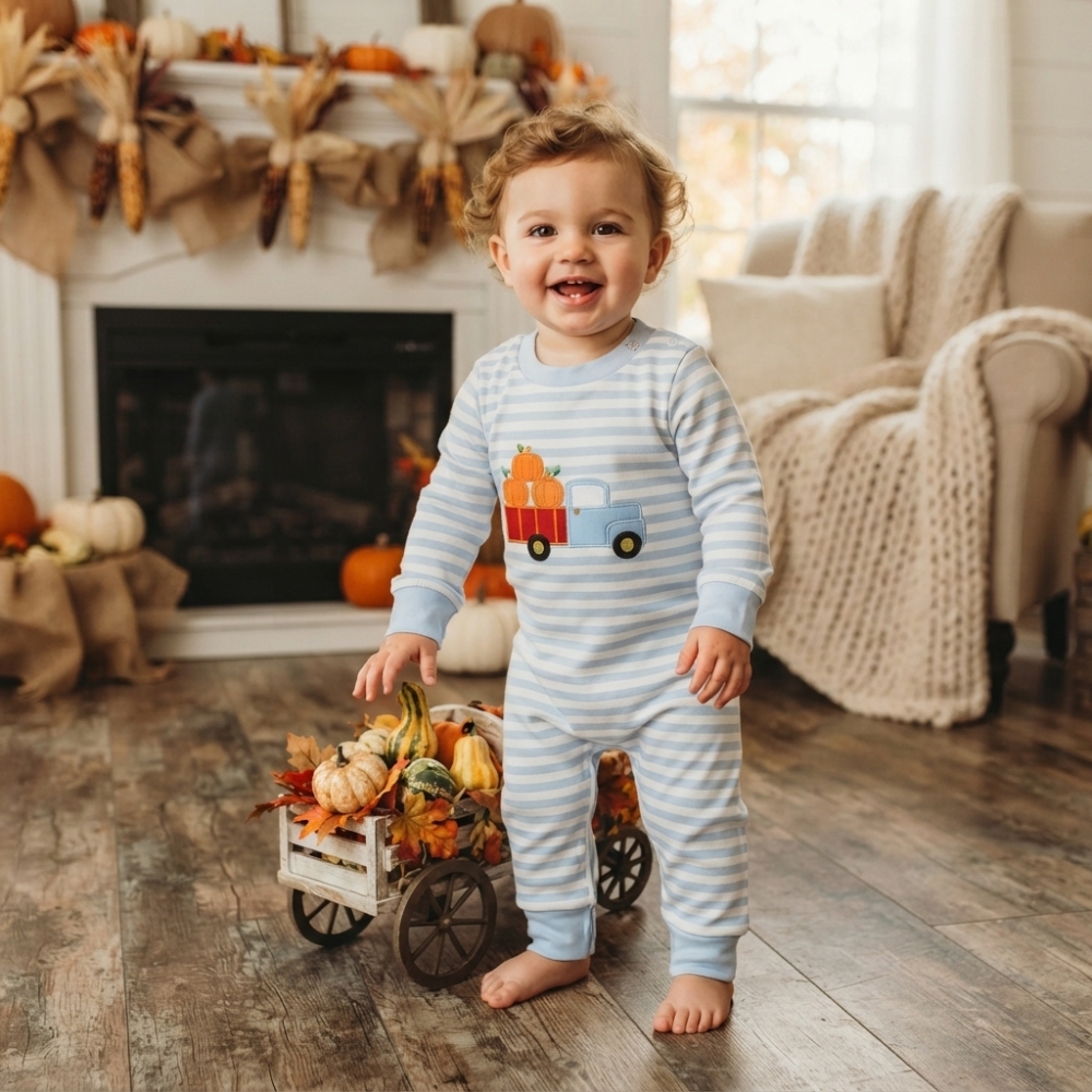 LR1023 Blue stripe pumpkin tractor  embroidery Long-Sleeved romper