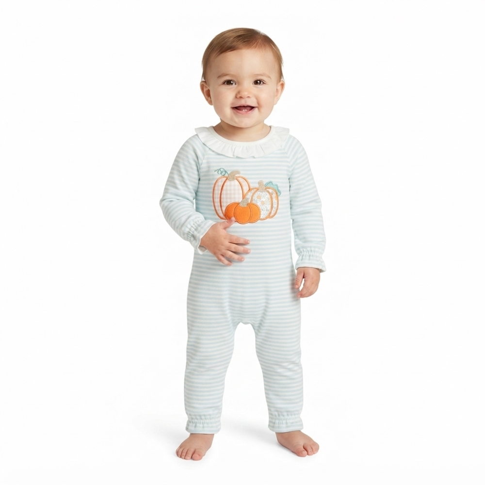 LR3137 Blue stripe Fall season pumpkin embroidery Long-Sleeved romper