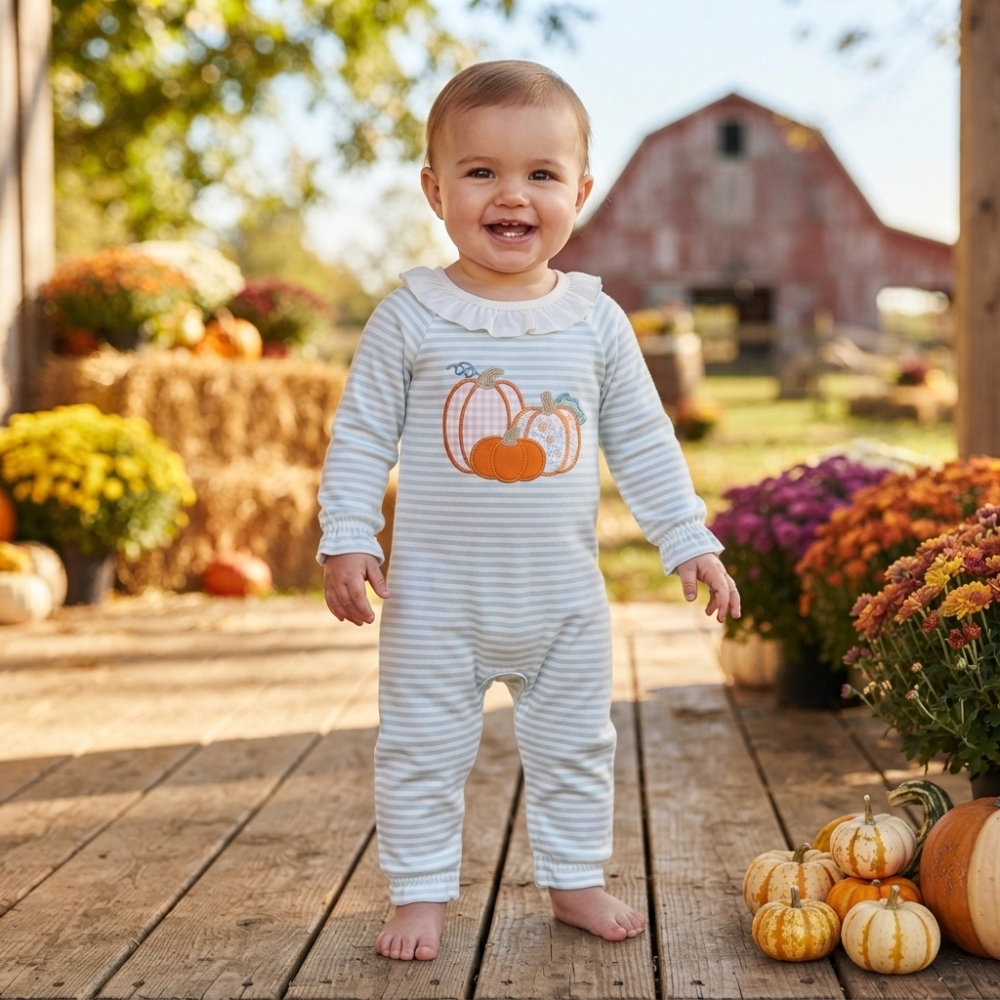 LR3137 Blue stripe Fall season pumpkin embroidery Long-Sleeved romper