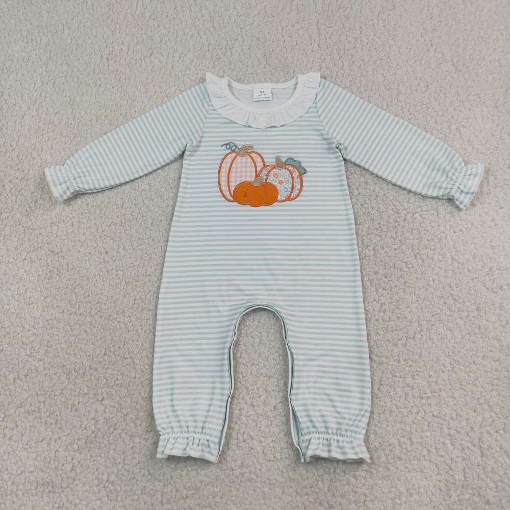 LR3137 Blue stripe Fall season pumpkin embroidery Long-Sleeved romper