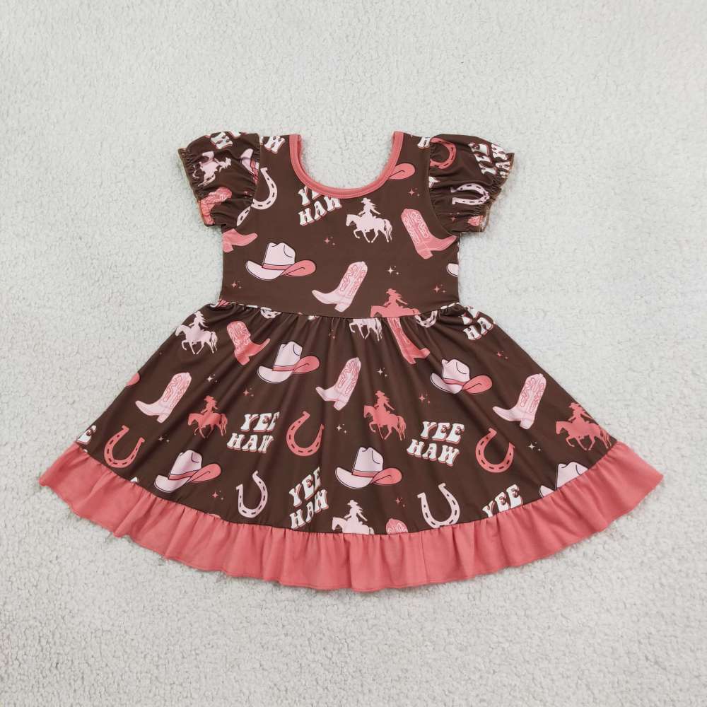 GSD0748 Yee haw hunting horse boots print girl short sleeve dress